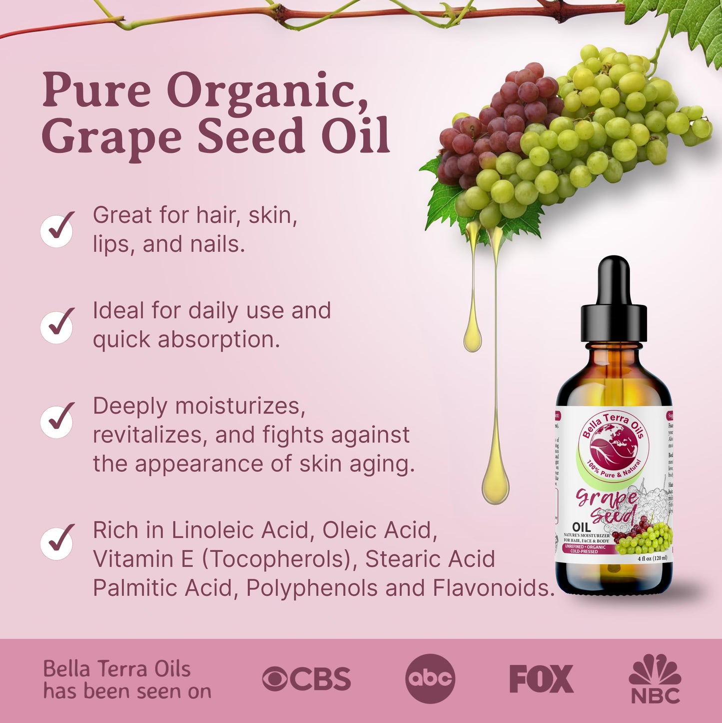 Bella Terra Oils - Organic Grape Seed Oil 2oz - A Symphony of Vitamins & Fatty Acids, Cold-Pressed, Unveiling Organic Grape's Skin-Enriching Secrets