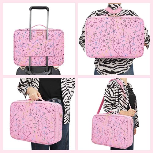 MONSTINA Professional Makeup Case Bag|3 Layers Large Capacity Cosmetic Organizer Brush Bag,Barber Train Case Makeup Artist Box,PU Leather Stylish Geometric Reflection Patterns Pink