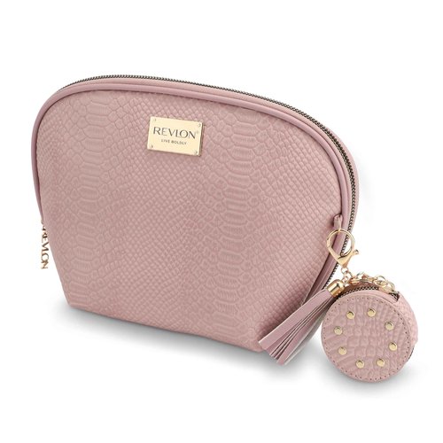 REVLON Croc Embossed Makeup Pouch, Small Makeup Pouch, Travel Makeup Organizer with Tassel & Mirror Keychain, Cosmetic Bag, Mini Makeup Case with Pockets, Gifts for Women, Ladies, or Teen Girls, Rose