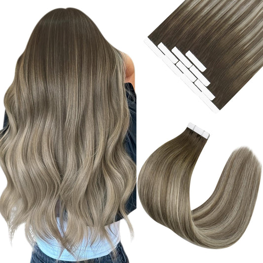 Ve Sunny Brown Tape in Hair Extensions Light Ash Brown Hair Color Cool Brown Fading to Ash Brown Mix Light Blonde Tape in Hair Extensions for Women Hair Extension Tape in 20g 10pcs 12inch