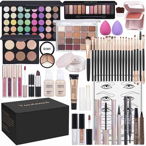 Makeup Set for Women Full Kit Includes, eyeshadow、 liquidfoundation,Loose powder,Eyebrow pencil,Lipstick Eye Pencil Makeup BrushesMakeup practice board 4-color lip gloss set