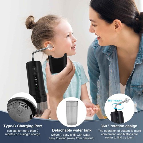 Ear Wax Removal, Electric Ear Irrigation Flushing System, Water Powered Ear Cleaner with 4 Pressure Modes, 6 Reusable Replacement Tips, Safe and Effective Ear Cleaning Tool for Adults (Black)