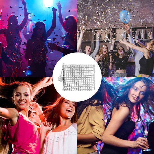 JDRGJTH 12 Pack Disco Cosmetics Bag,Makeup Bag, Portable Silver Sequins Glitter Mirror Foil Zipper Handbag with Disco Accessories Make Up Travel Bag Essentials 70s 80s 90s Disco Party Favors