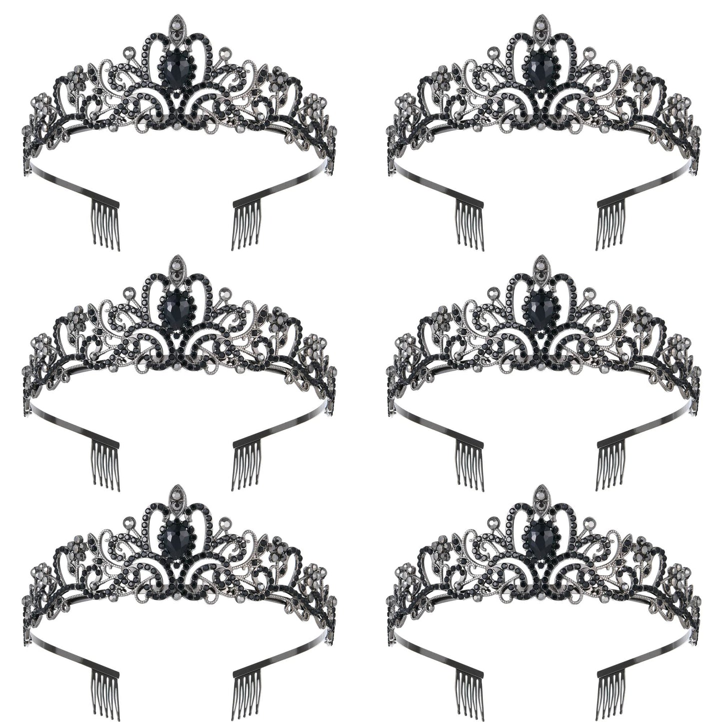 6 pcs Black Princess Crown - Crystal Tiaras for Girls Women Elegant Rhinestone Royal Queen Crown with Comb for Wedding Pageant Birthday Party Hair Accessories Costume