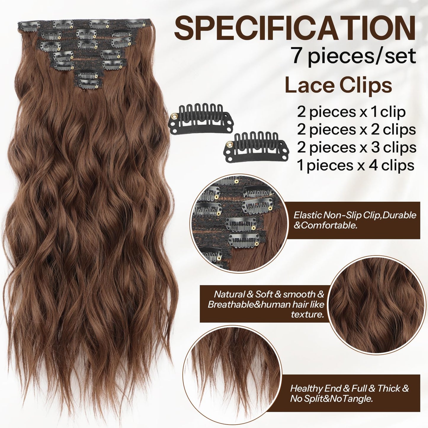 KooKaStyle Hair Extensions, 7PCS Clip in Hair Extension, 20 Inch Chestnut Brown Long Wavy Natural Soft Thick Hairpieces for Women