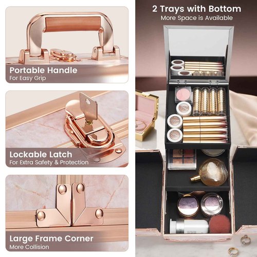 Costravio Makeup Case Train Case Portable Makeup Box with Mirror Lock Box Travel Cosmetic Train Cases Hard Make Up Organizer for Girls Nail Craft Storage Vanity Rose Gold Flower
