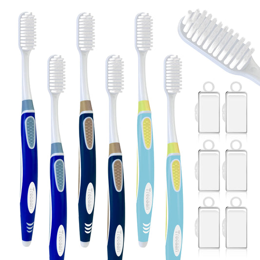 Trecaan 6 PCS Toothbrush with Toothbrush Covers, Soft Bristles with Contoured Handle for Adult, Travel Toothbrush Set for Adult or Kid, Ergonomics Handle, Medium Soft Bristles