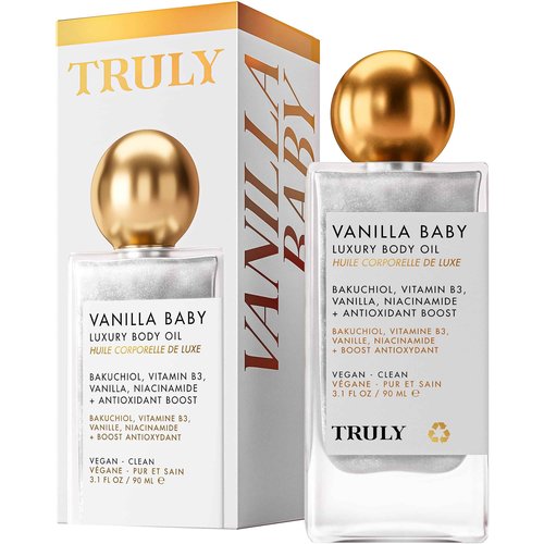 Truly Beauty Vanilla Baby Luxury Body Oil | Plumping Body Shimmer Oil for Hydration & Firmness | With Bakuchiol & Niacinamide for Collagen Boost | Vanilla, Pear & Caramel Scent | Radiant Glow