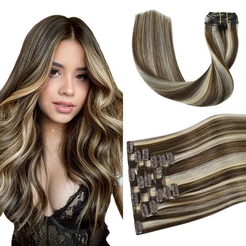 Aison Clip In Extensions Real Human Hair Balayage 70G Medium Brown to Blonde 100% Remy Human Hair Straight for Women 7pcs 16clips (15 Inch #4P613)
