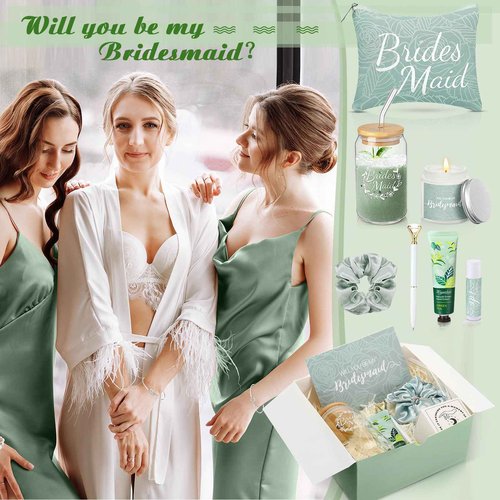 Meanplan 14 Pcs Bridesmaid Proposal Gifts Set, Will You Be My Bridesmaid Gifts with Proposal Box Glass Cup Makeup Bag Cards Lip Balm Hand Cream Candle Scrunchie Bracelet Diamond Pen for Wedding(Green)