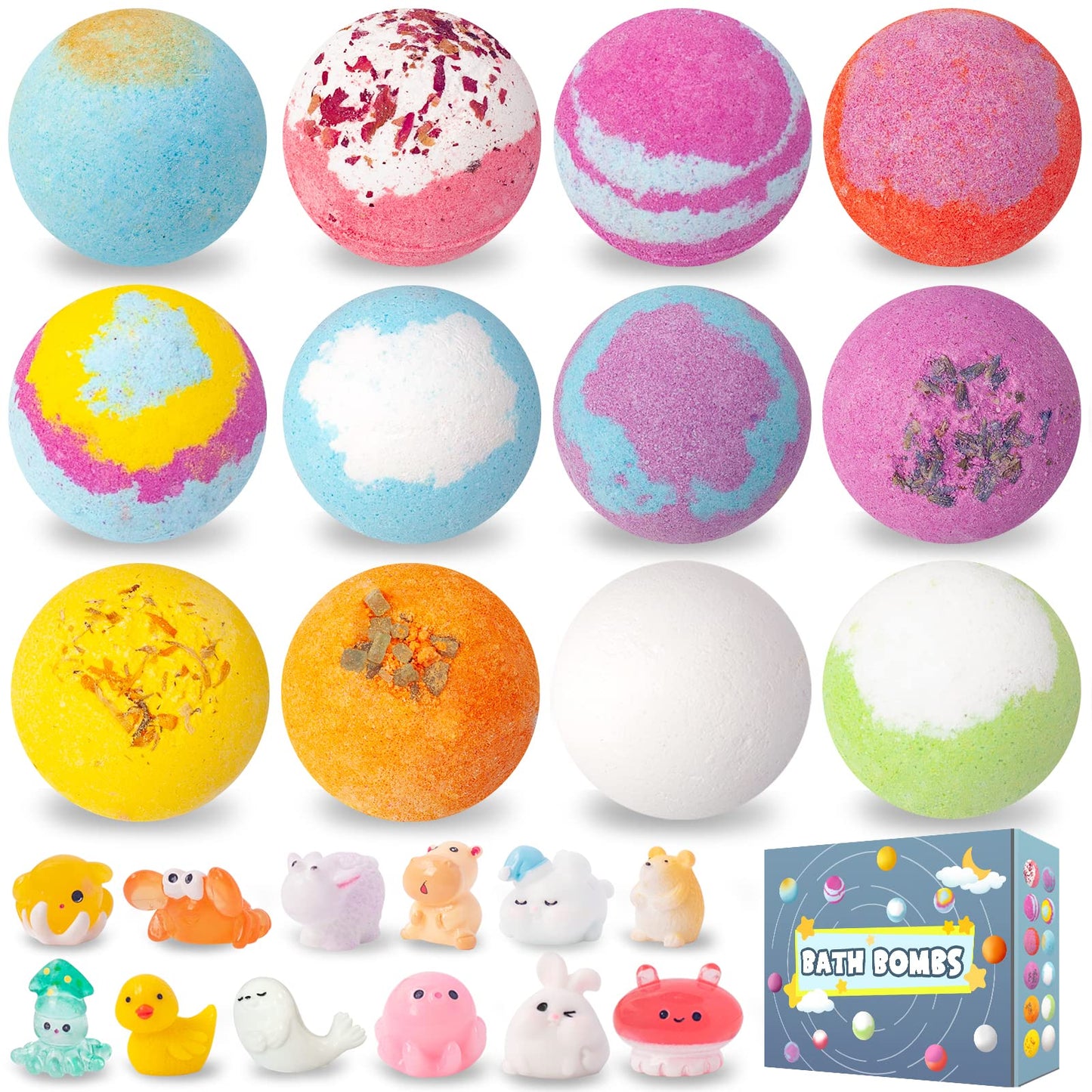 Bath Bombs for Kids with Surprise Toys Inside, 12 Pack Essential Oil SPA Bath Bombs, Bubbles Gentle and Safe Fragranced Bath Balls, Halloween Birthday Christmas Gift Set for Kids Boys Girls