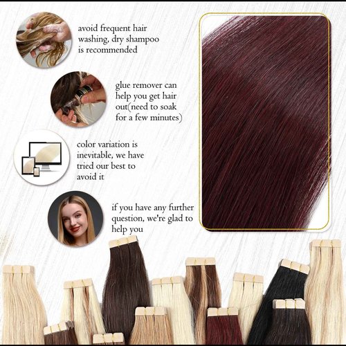 Benehair Red Tape-in Hair Extensions, 18" Human Hair, 20pcs, 50g/pack, Straight, Seamless Skin Weft, Natural, Wine Red