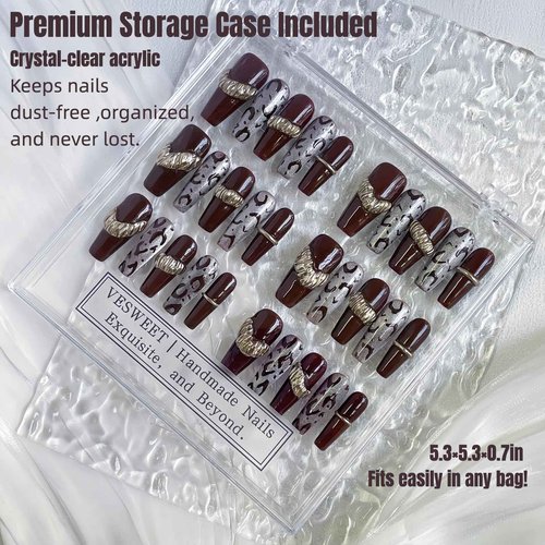 30PCS Handmade Press-On Nails – Long Coffin Dark Brown Leopard with Gold Accents – No Size Measuring Needed – Luxury Gift Set with Glue, Tools & Acrylic Box – Reusable Nail Kit for Women