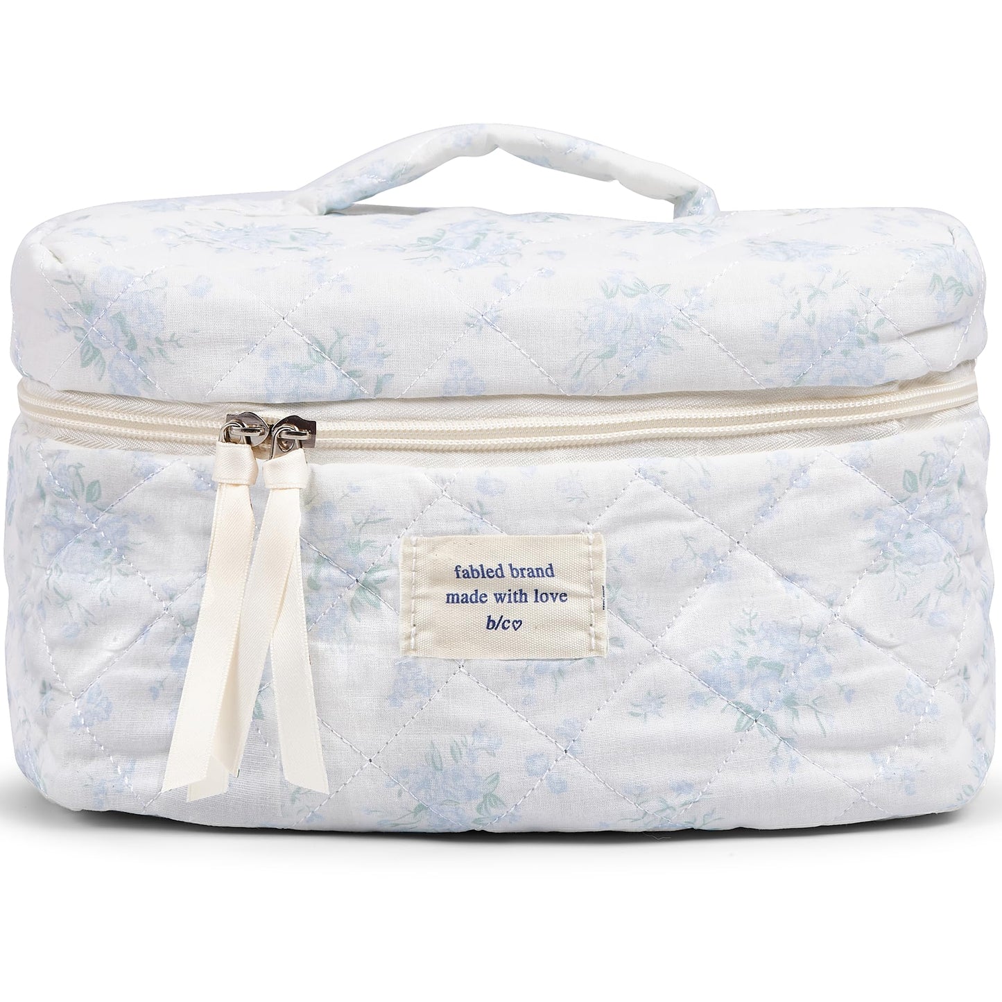 Sminra Makeup Bag Large Travel Quilted Cosmetic Makeup Bag Organizer, Floral Cotton Coquette Aesthetic Toiletry Bag for Women Girls (Blue Romantic Rose-L)