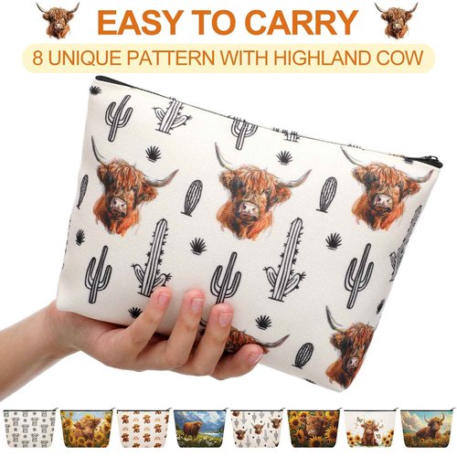 Bulyoou 8 Pcs Highland Cow Makeup Bag Bulk Western Cowgirls Gifts for Women Sunflower Daisy Floral Cow Print Makeup Bag Spring Highland Cow Lover Gifts for Mothers Day, Birthday