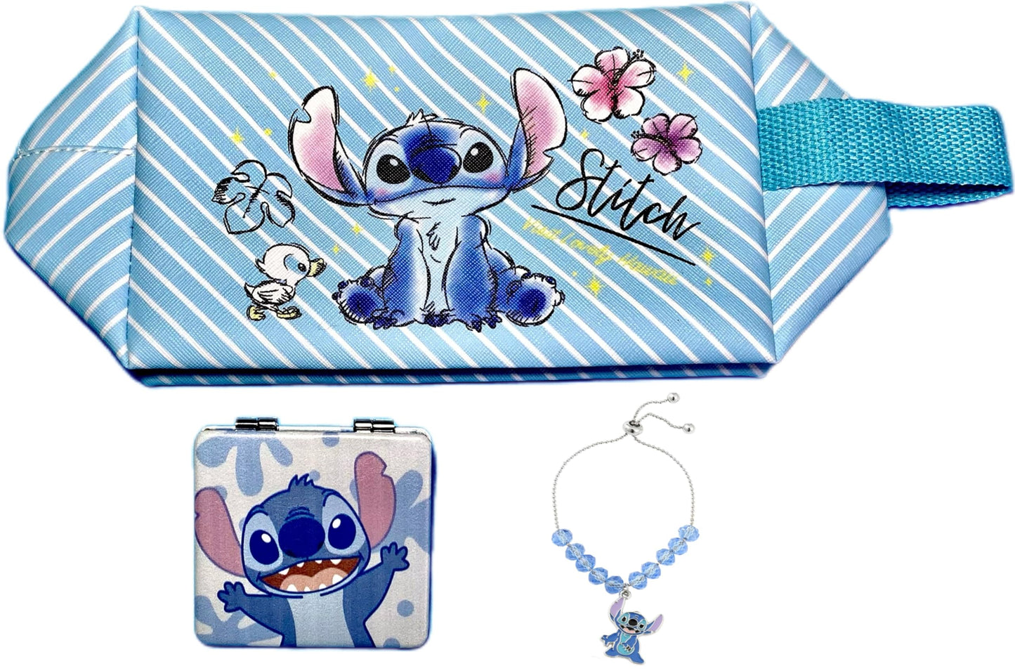 Stitch Travel Cosmetic Bag + Double Sided Cosmetic Mirror+Stitch Bracelet,.Large Capacity PU Bag. Stitch Stuff Gift. Foldable Makeup Accessories are Perfect Gifts for Girls and Women