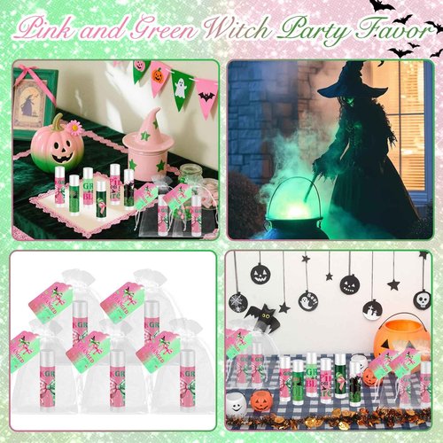 QAUYETM 50 Set Wicked Gifts Lip Balms Bulk Pink and Green Witch Party Favor 6 Assorted Flavors with 50 Organza Bags and Cards Witch Makeup Gifts for Girls Women Halloween Basket Stuffers