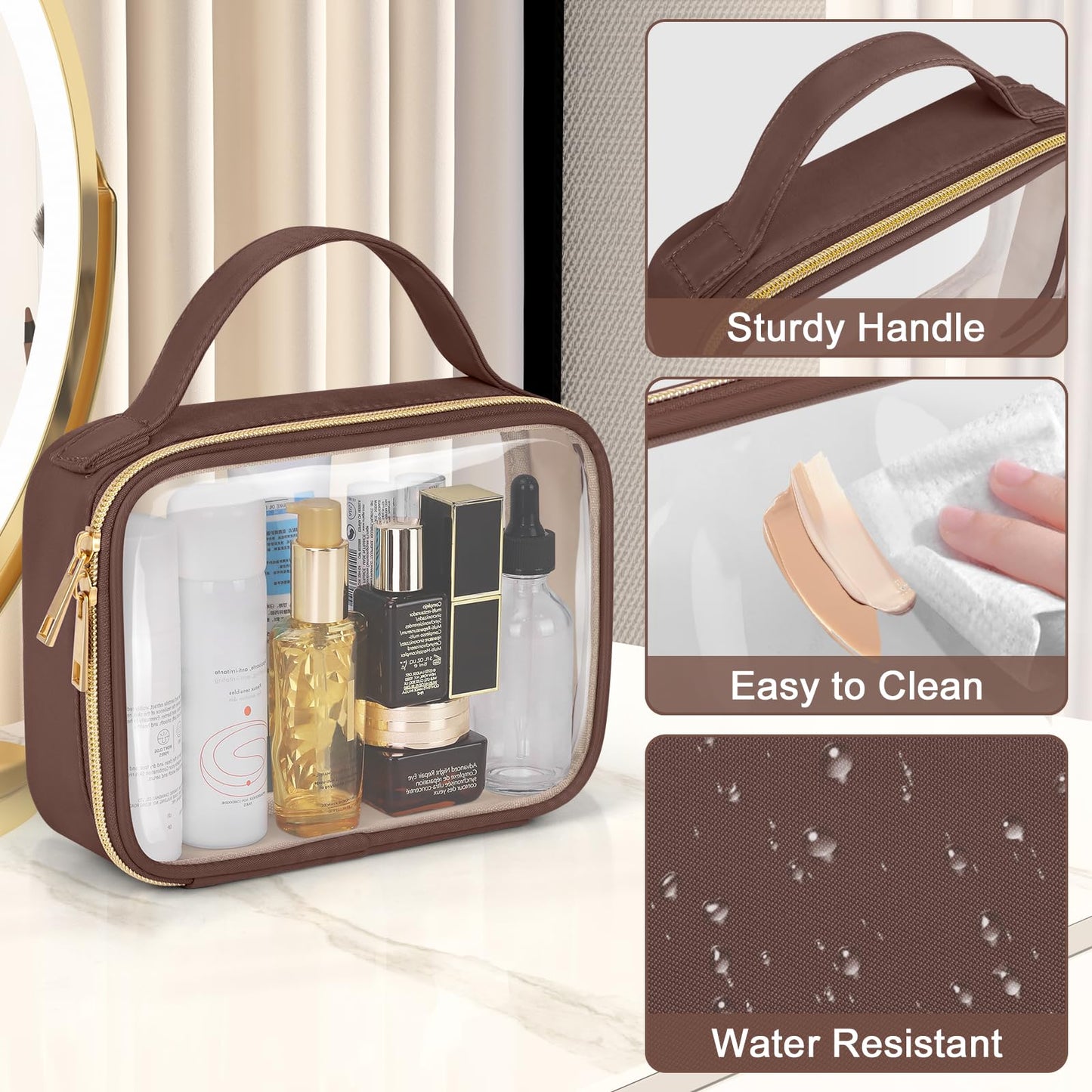 Wedama TSA Approved Toiletry Bag, 2 Pack Clear Makeup Bags with Handles, Quart Size PVC Clear Cosmetic Bags for Women and Men, Carry on Airport Airline Compliant Bag, Brown