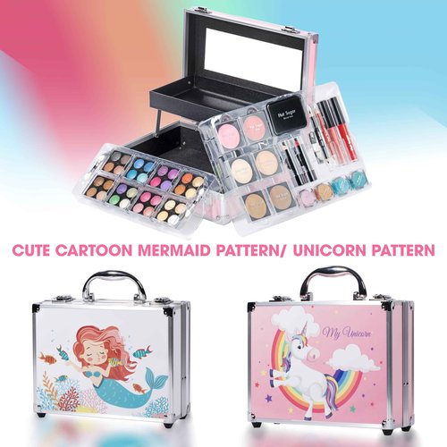 Hot Sugar Makeup Kit for Girls, Kids Makeup Set with Mermaid Train Case Includes Eyeshadow Palette, Blush, Lipstick, Lip Pencil, Eye Pencil