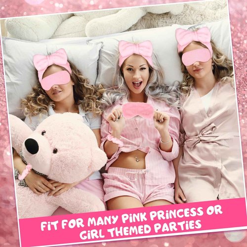 FIONUPI 30 Pcs Spa Sleepover Party Supplies 6 Bow Makeup Headband 6 Pink Plush Sleep Eye Mask 6 Velvet Scrunchies 6 Makeup Remover Cloth 6 Clear Cosmetic Bags for Women Slumber Party Favors