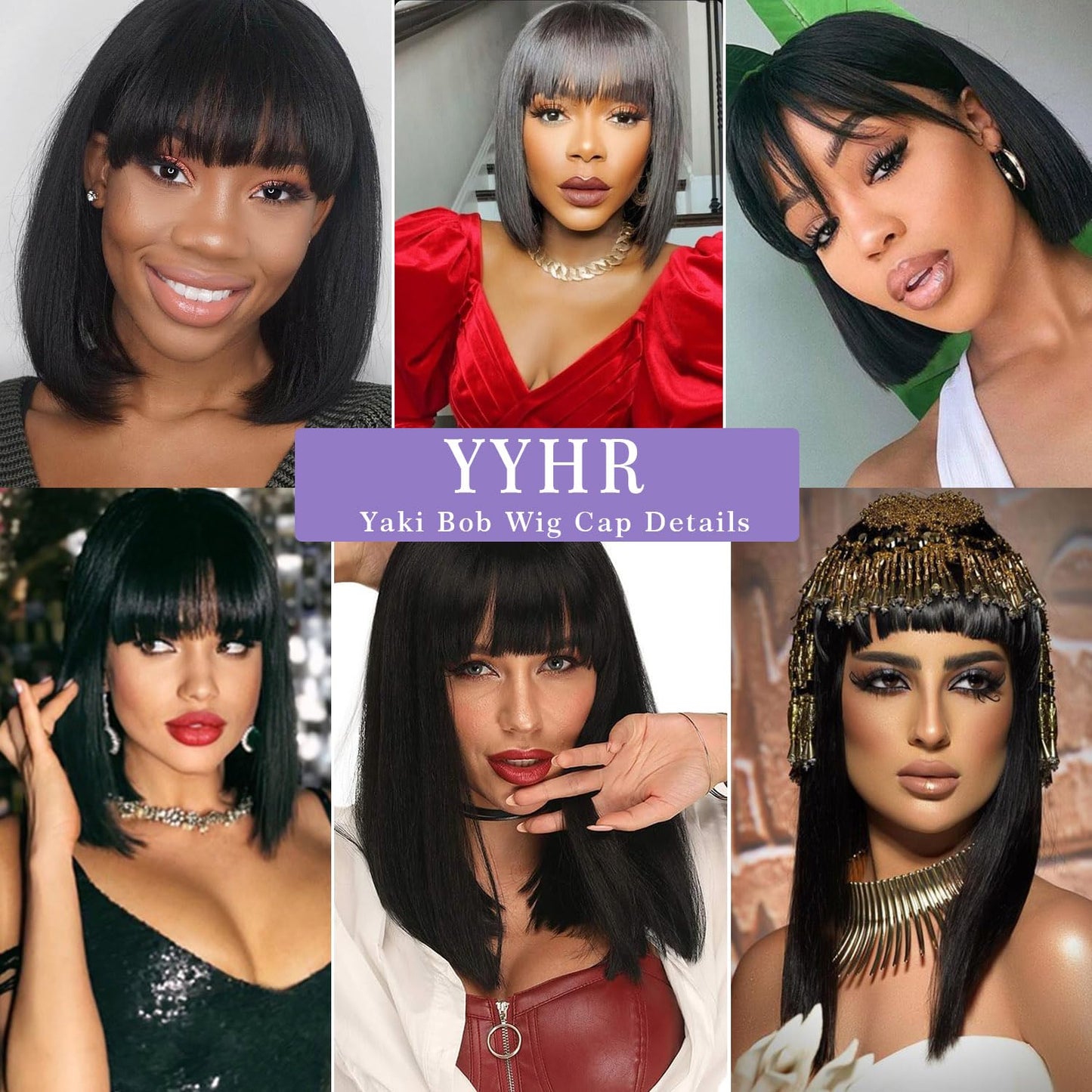 YYHR BLunt Cut Bob Wig With Bangs 14" Peek-a-boo Color Black Mix Brown Yaki Straight Synthetic Hair Wigs For Black Women, Shoulder Length Synthetic Hair Replacement Wigs (14 Inch,S1B/30)