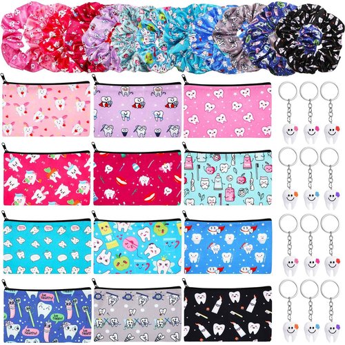 Potchen 36 Pcs Dental Hygienist Gifts - Makeup Bags, Hair Scrunchies, Tooth-Shaped Key Chains, Hair Holder for Women and Dental Assistants