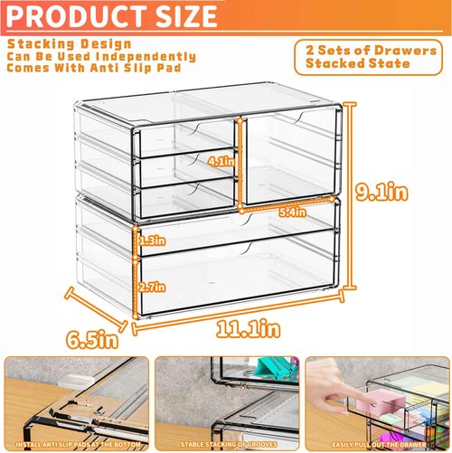 Yieach 2 Pack Acrylic Drawer Organizer With 6 Drawers,Stackable 11.1” Large Clear Storage Drawers and Makeup Organizer For Vanity,Bathroom Countertop,Cabinet,Pantry,Office Supply Storage Bins Drawers