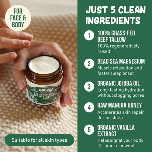 Grazly Whipped Beef Tallow for Skin w/Dead Sea Magnesium, Manuka Honey, Jojoba Oil & Vanilla - Grass Fed Beef Tallow Balm - Body & Face Moisturizer for Dry, Sensitive Skin - 2.5oz