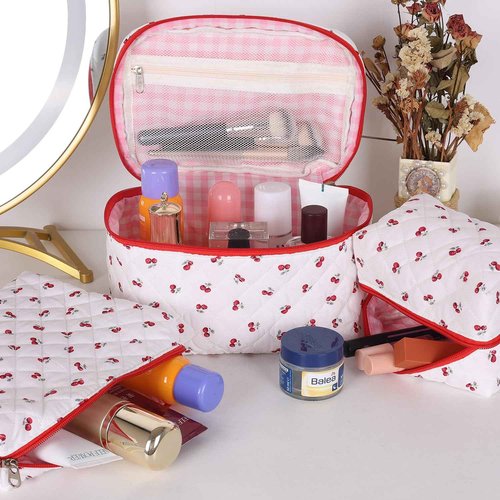 Sarrany 3Pcs Makeup Bag Set,Quilted makeup bag,Floral Cosmetic Bag for Women, Cute Cotton Cosmetic Bag, Wide-open Easy to Take, Flower Toiletry Organizer Bag