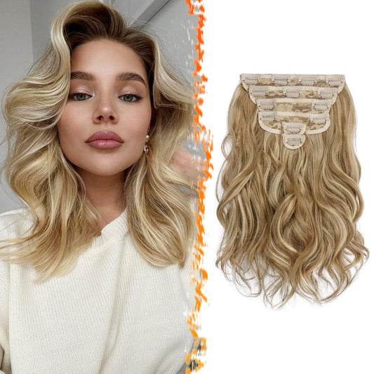 BARSDAR Wavy Clip in Hair Extensions - 6PCs 12 Inch Highlight Clip in Hair Extensions for Women - Full Head Thick Soft Synthetic Clip in Hairpieces Daily - Golden Blonde with Highlights