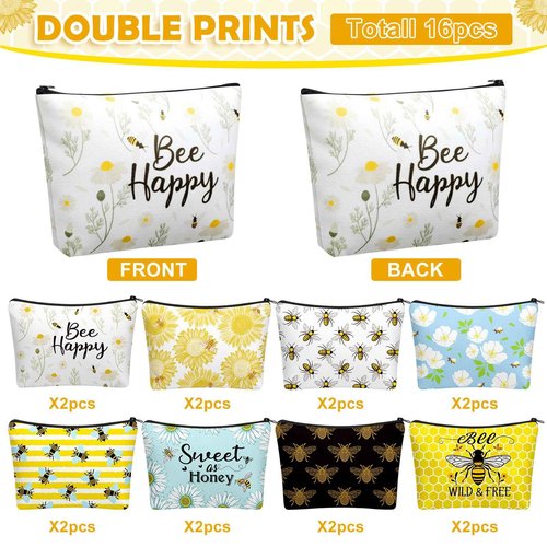 Bulyoou 16 Pcs Funny Bee Cosmetic Bags Stuff Bulk Honey Queen Bee Inspirational Gift Makeup Bags Zipper Pouch for Women Beekeeper