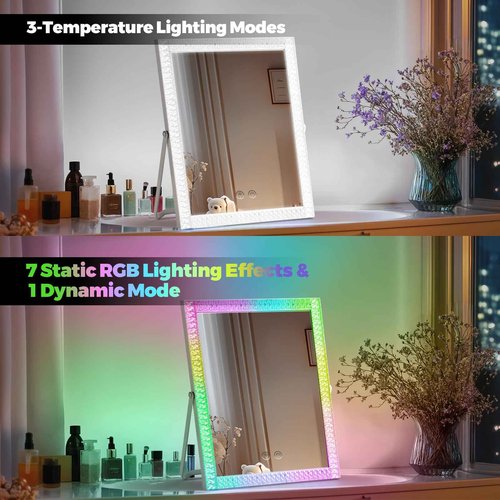 homtang Vanity Mirror with Lights,RGB & 3 Dimmable Light Modes Makeup Mirror with Touch Control,Light Up Mirror for Desk,360°Rotation,17x14 Inch