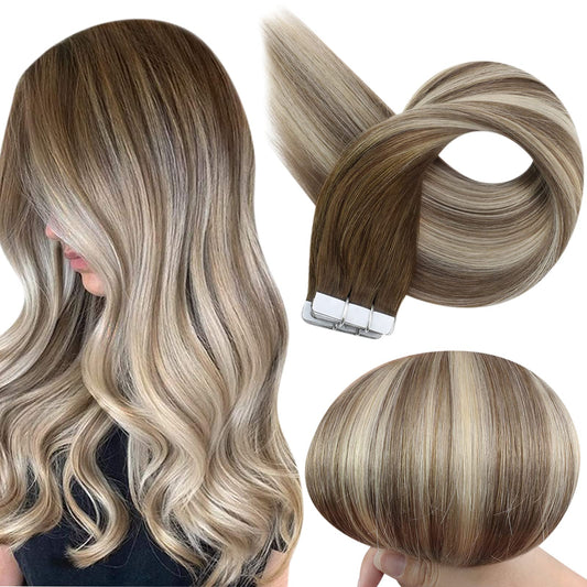 Full Shine Tape in Hair Extensions Human Hair 12 Inch Tape ins Human Hair Extensions Balayage Color 3/8/22 Dark Brown Fading To Brown and Blonde Hair Extensions Real Human Hair 20Pcs 30G Remy hair