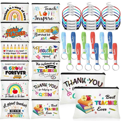 Sadnyy 36 Pieces Teacher Appreciation Gifts Set 12 Makeup Bag 12 Silicone Keychain 12 Blessing Card Bracelet Teacher's Day Gift Teacher Makeup Pouch Pencil Bag Inspirational Quote Key Chain, 12 Styles