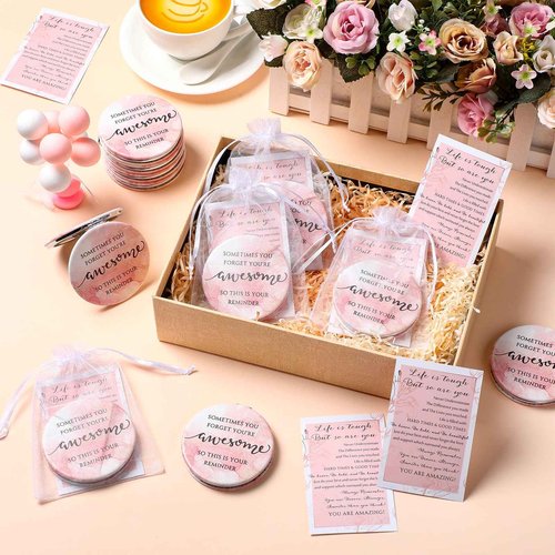 Geetery 12 Sets Christmas Inspirational Compact Mirror Gifts for Women Bulk Reminder Sisterhood Double Sided Folding Thank You Gifts for Employee Coworker Volunteer Team Worker Staff (Pink Marble)