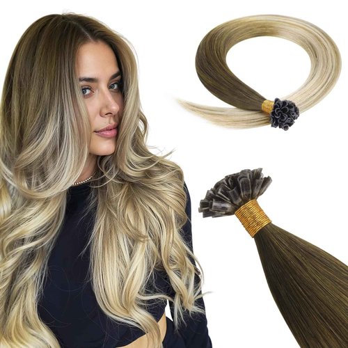 HOTBANANA U Tip Hair Extensions Human Hair, 16 Inch 50g 50s Ombre Walnut Brown to Ash Brown and Bleach U Tip Extensions Hot Fusion Keratin Utip Hair Extensions Straight K Tip Hair Extensions