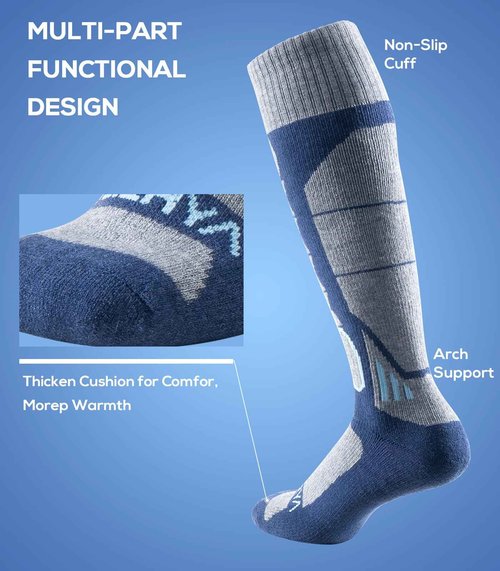 WEIERYA Ski Sock Merino Wool Ski Socks Mens Womens Skiing & Snowboarding Socks, Over The Calf (US, Alpha, Large, Regular, Regular, 2, Blue)