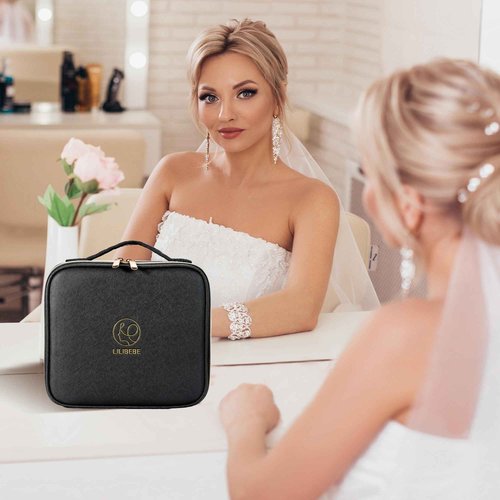 LILIBEBE Travel Makeup Bag with Led Mirror Detachable 3 Color Scenarios Adjustable Brightness Large Cosmetic Organizer Storage Adjustable Dividers Waterproof Makeup Brushes Toiletry Gift Black