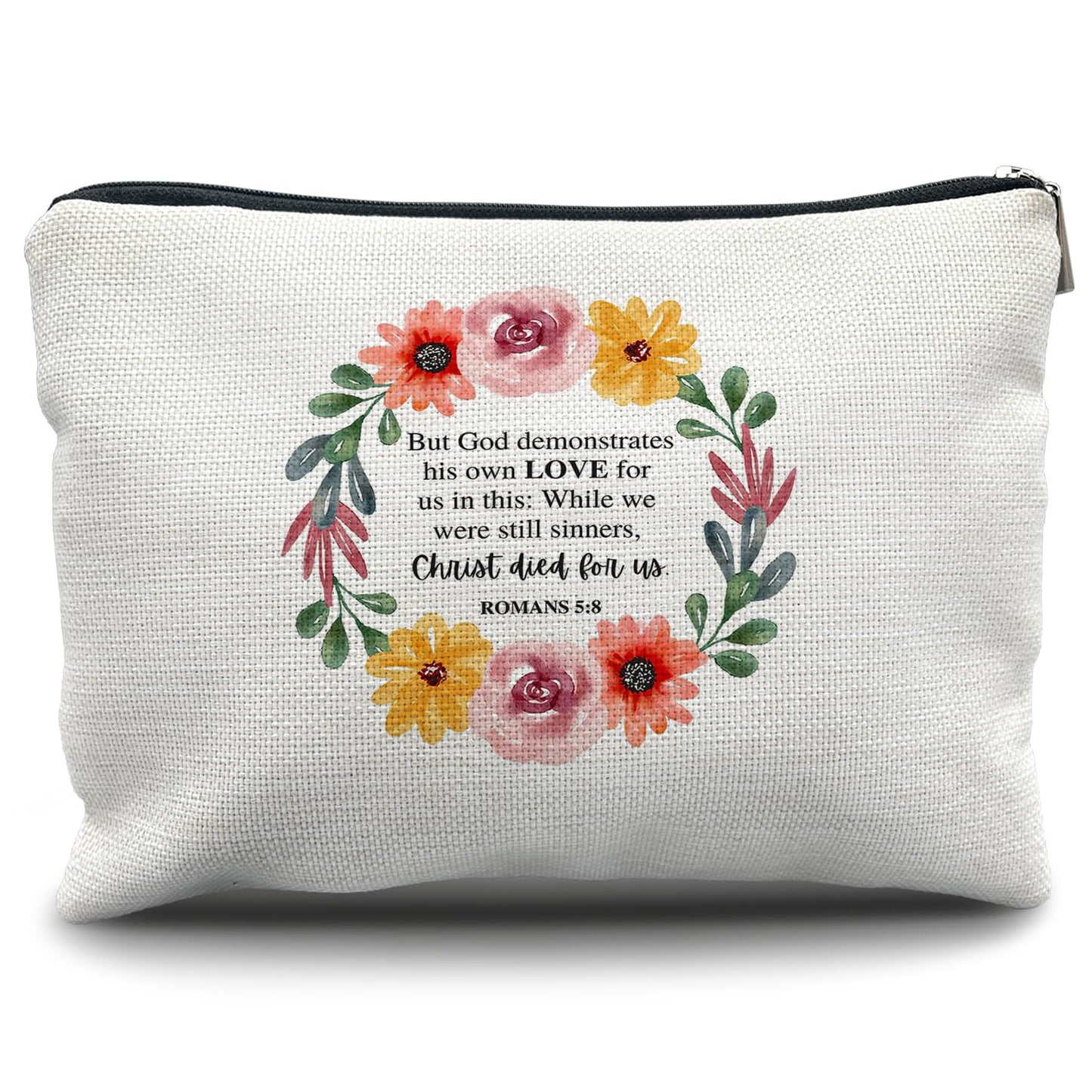 Nogrit Christian Inspirational Makeup Bag Cosmetic Bags for Women, Christian Gifts for Women Faith, Religious Bible Verse Small Makeup Cosmetic Bag for Purse, Floral Makeup Bag, Romans 5:8