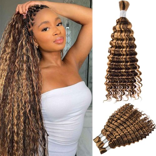 Human Braiding Hair for Boho Braids Deep Water Wave Bulk Human Hair for Braiding Curly Wet and Wavy 4/27 Brown with Honey Blonde Highlight Twist Hair Braiding 14 Inch No Weft 2 Bundles 100G