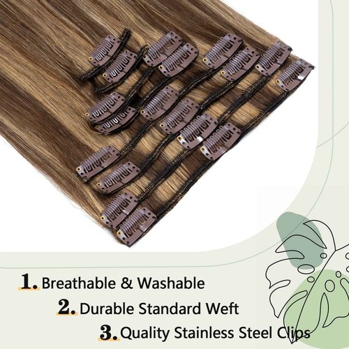 S-noilite Clip in Hair Extensions Human Hair Balayage Standard Weft Short Blonde Hair 100% Real Human Hair 8 Pieces 18 Clips Straight 10"-75g (#4/27 Medium Brown/Dark Blonde)