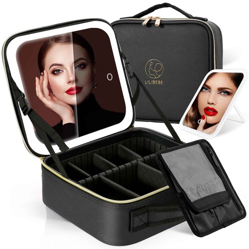 LILIBEBE Travel Makeup Bag with Led Mirror Detachable 3 Color Scenarios Adjustable Brightness Large Cosmetic Organizer Storage Adjustable Dividers Waterproof Makeup Brushes Toiletry Gift Black