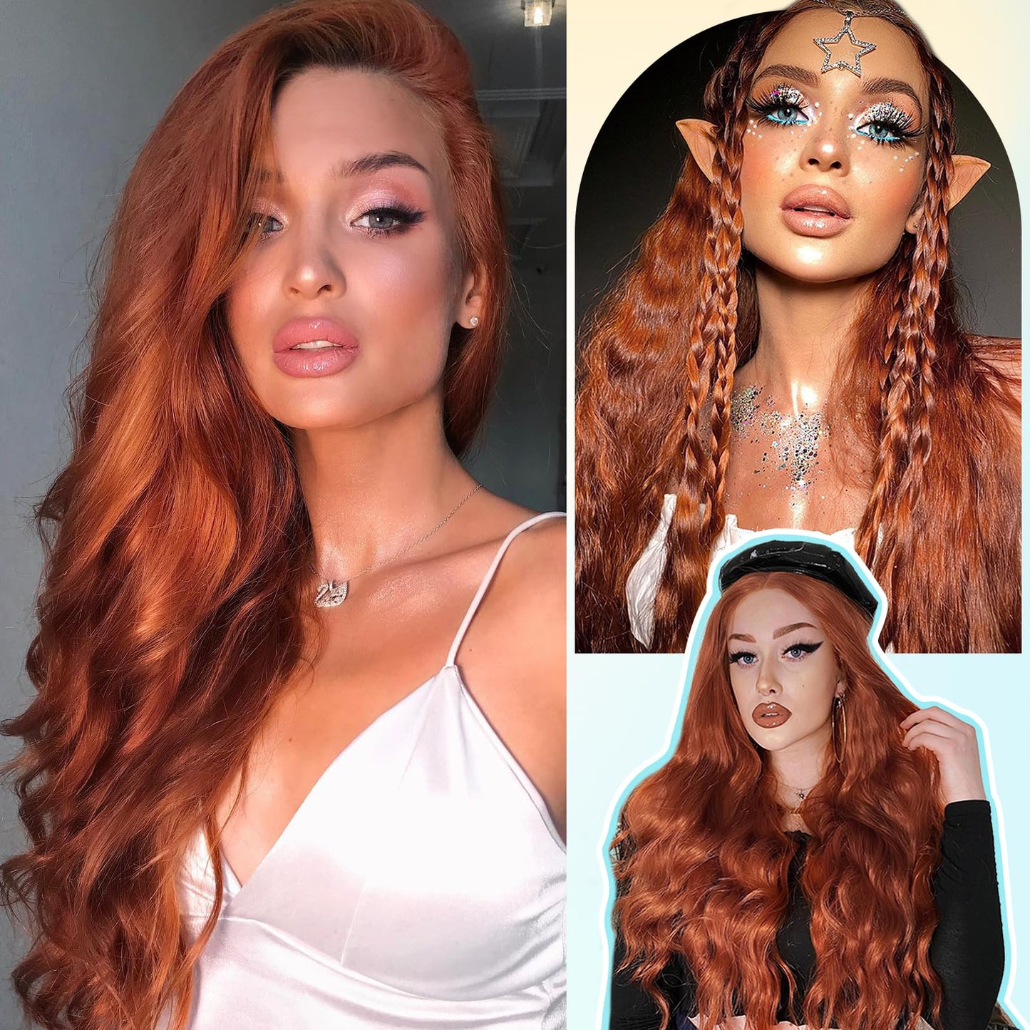 FAVE 28 Inches Lace Front Wig 200% Density Heat Resistant Synthetic Lace Front Wig Long Wavy Free Part Auburn Wig Glueless Lace Front Wigs for Women Lace Wig for Party Daily Use (Auburn)