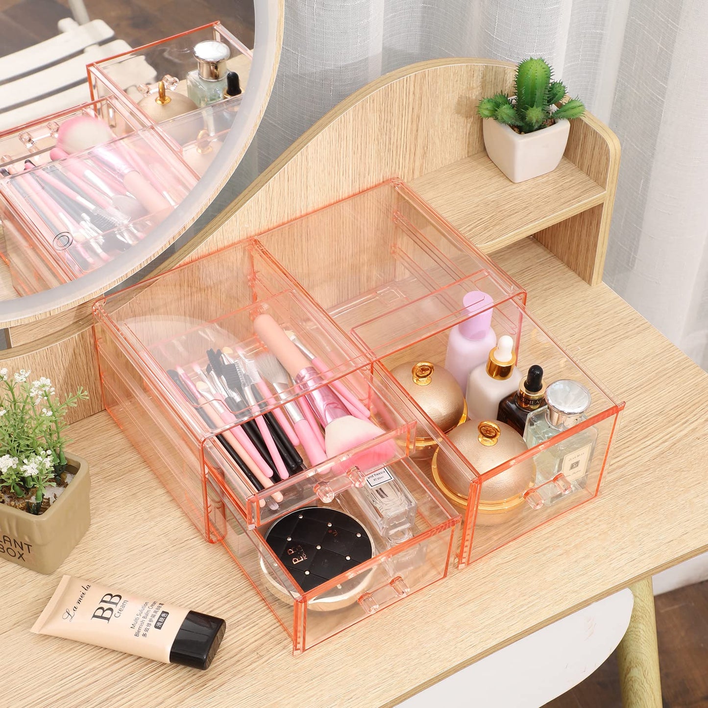 Cq acrylic 1 Pack Clear Desk Organizer With Drawers,Stackable 2 Drawers Skincare Organizer,Cute Skin Care Organizer for Vanity Hair Clip,Jewelry,Beauty Product Desk and Makeup Organizer Countertop