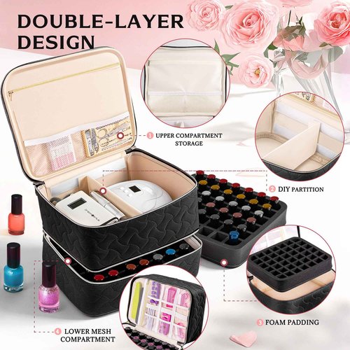 DreamGenius Nail Polish Organizer Case Holds 42 Bottles, Portable Double-Layer Nail Polish Storage Bag with Adjustable Dividers for Manicure Tools, Black