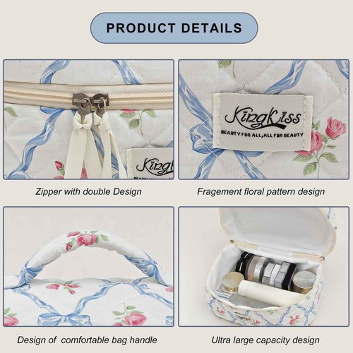 kingkiss Makeup Bag, Quilted Cosmetic Bag, Large Capacity Make Up Bag for Women, Cute Floral Storage Toiletry Bag Travel Storage Makeup Bag(Blue)