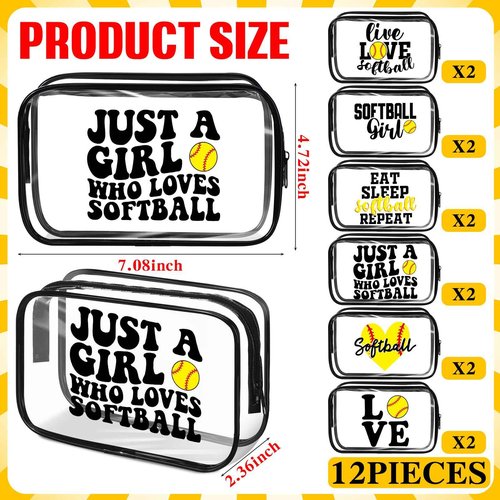 Reginary 12 Pcs 7 x 4.7 x 2.4'' Softball Makeup Bag Softball Gifts for Team Clear PVC Softball Cosmetic Case Softball Goodie Bag Stuffers Accessories for Woman Toiletry Zipper Pouch Team Party Favors