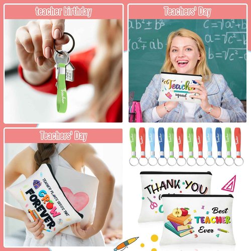Sadnyy 36 Pieces Teacher Appreciation Gifts Set 12 Makeup Bag 12 Silicone Keychain 12 Blessing Card Bracelet Teacher's Day Gift Teacher Makeup Pouch Pencil Bag Inspirational Quote Key Chain, 12 Styles
