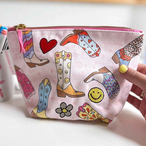 Callie Danielle Western Cowgirl Boots Pink Canvas Makeup Pouch, Mini Make Up Bag, Aesthetic Small Travel Pouch with Zipper, Cute Cosmetic Bag for Makeup