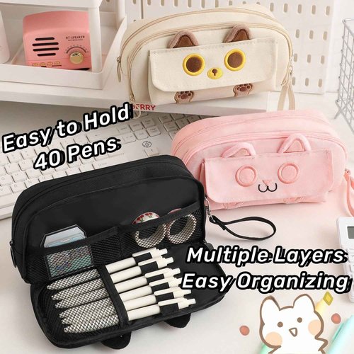 NIORYUZ Kitty Cat Pencil/Pen Pouch 4-Layers Extra Capacity Cosmetic Organizer Pen Brush Holder Mesh Pockets (4 Layers - Black)